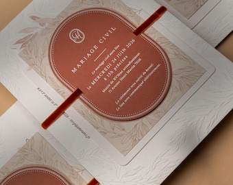 Luxury Brown Beige Terracota Wedding Invitation | Blind Embossed Letterpress Suite with Custom Shape Cards & Olive Leaves Vineyard