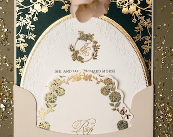 Luxury Oval Emerald Green Wedding Invitation | Letterpress, Gold Foil & Embossed Invitation with Envelope Liner