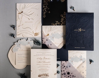 Luxury Letterpress Wedding Invitation Suite | Embossed, Vellum, Black Liner with Foil