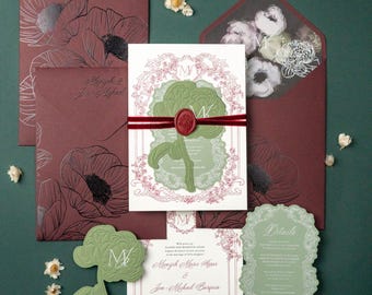 Floral Letterpress Wedding Invitation Suite | Maroon, Green, Die Cut Cards, Painted Envelope Liner