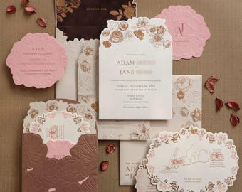Luxury Letterpress Wedding Invitation Suite with Embossed Florals | Pink Brown Velvet Liner & Embossed Folder | Custom Illustrated Venue Map