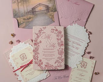 Dusty Pink Handmade Paper Letterpress Wedding Invitation with Floral Wreath & Embossed Envelope