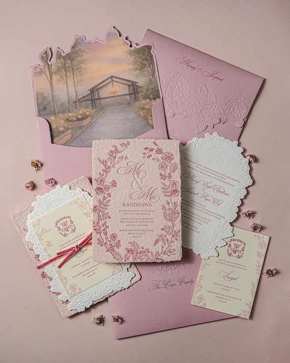 Dusty Pink Handmade Paper Letterpress Wedding Invitation with Floral Wreath & Embossed Envelope