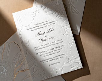 Luxury Neutral Beige Wedding Invitation | Blind Embossed Letterpress Suite with Custom Shape Folder Envelope