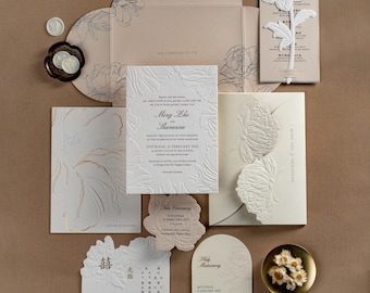 Luxury Neutral Beige Wedding Invitation | Blind Embossed Letterpress Suite with Custom Shape Folder Envelope