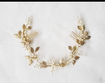 Bridal hair accessories - Handmade gold floral pearl hair accessories for bride-to-be