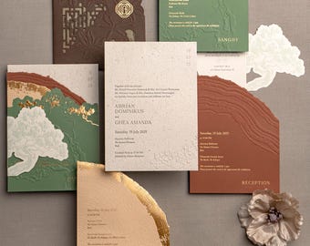 Organic Letterpress Wedding Invitation Suite | Rust, Brown, Green, Embossed Textures, Recycled Paper