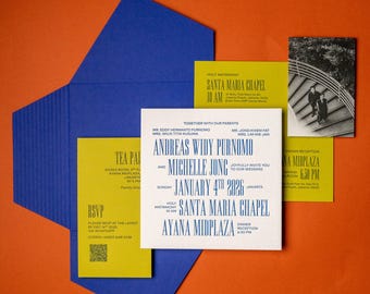 Letterpress Wedding Invitation – Blue, Black, Die Cut Square Card