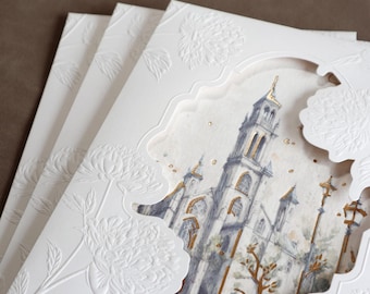 Blind Embossed Wedding Envelope with Chapel Watercolor Illustration