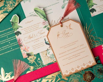 Luxury Tropical Wedding Invitation Folder Suite | Forest Green Letterpress, Gold Foil, Peacocks & Botanical