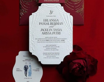 Modern Maroon Wedding Invitation | Embossed Letterpress Suite with Draped Curtain Details & Custom Folder