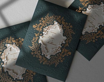 Letterpress Wedding Invitation Suite | Embossed Foil, Die Cut Envelope