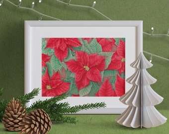 May include: A framed print of a poinsettia flower illustration. The print features a close-up of the red flowers with green leaves. The frame is white and the background is a green wall.