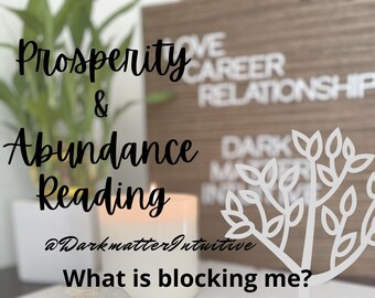 May include: Two tarot cards, the Ten of Pentacles and the Wheel of Fortune, are laid out on a striped surface. The cards are used for a prosperity and abundance reading. The text "What is blocking me? How can I attract abundance? Am I on the right career path?" is written above the cards.