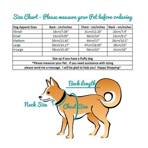 May include: Size chart for dog apparel with measurements in inches and centimeters. The chart shows sizes for X-Small, Small, Medium, Large, and X-Large.  A cartoon dog is shown with labels for neck, chest, and back length.