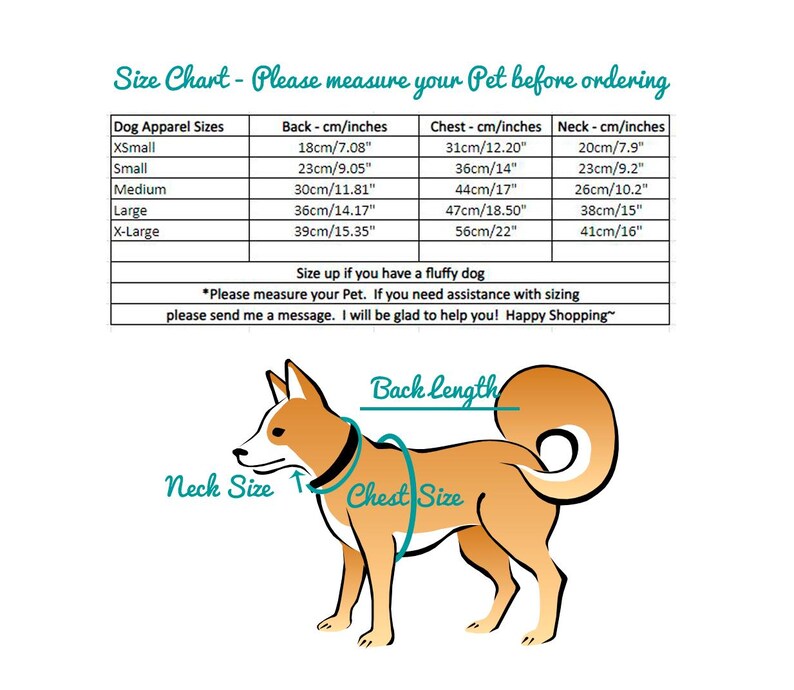 May include: Size chart for dog apparel with measurements in inches and centimeters. The chart shows sizes for X-Small, Small, Medium, Large, and X-Large.  A cartoon dog is shown with labels for neck, chest, and back length.