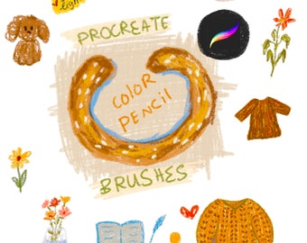 May include: A digital illustration of art supplies, including a brown and yellow color pencil brush, a book, a pen, a brown sweater, and a flower. The text "Procreate", "Color Pencil", and "Brushes" are written in the image.
