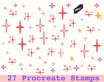 Puede incluir: Un conjunto de 27 sellos de Procreate con estrellas rojas, rosas y doradas de diferentes tamaños. Las estrellas están dispuestas en un patrón aleatorio sobre un fondo blanco.