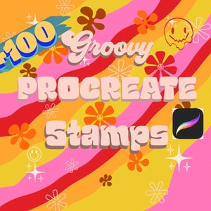 May include: A colorful retro-themed graphic with the text "#100 Groovy Procreate Stamps" and the Procreate app icon. The background features a checkered pattern, wavy lines, and flower designs.