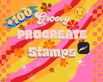 100+ Groovy Procreate Stamps & Brushes| Retro| 60s, 70s Vintage| Floral | Flower Stamps| Smiley Faces | Funky | Instant Download
