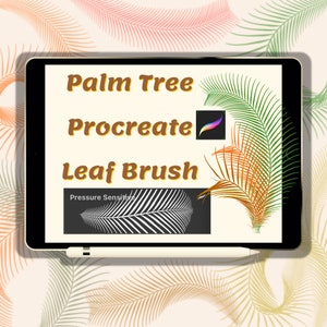 以下が含まれることがあります： Procreate アプリ用のヤシの葉ブラシのデジタルイラスト。ブラシは筆圧感知で、リアルなヤシの葉を作成できます。