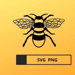 May include: Black and white silhouette of a bee with geometric wings. The bee is facing forward with its wings spread out. The image is on a yellow background with the text "SVG PNG" below the bee.