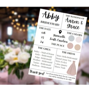 Bridesmaid Info Card, Printable Bridesmaid Information Card, Bridesmaid Proposal Card, Bridesmaid Color Info Card, Downloadable