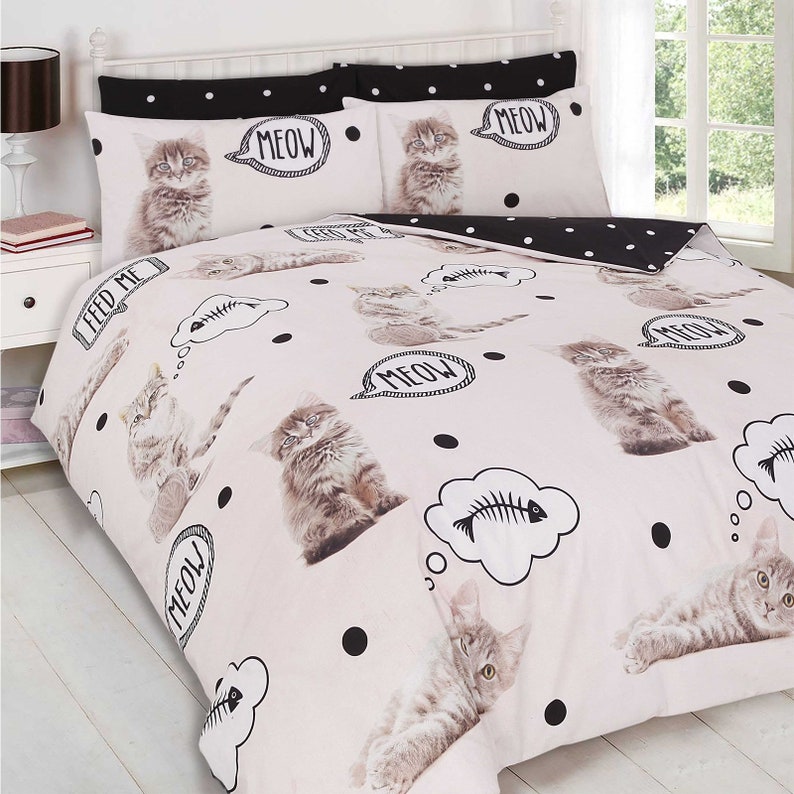 Meow Kitten Reversible Duvet Cover with Matching Pillow Case Bedding Set