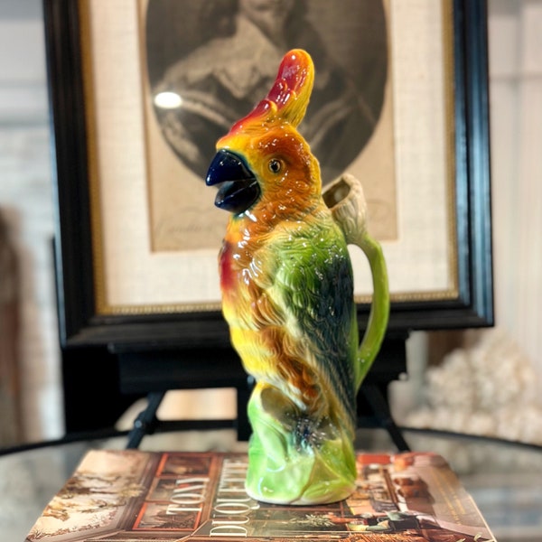 Antique French Majolica Cockatoo or Parrot Pitcher by St. Clement Potteries