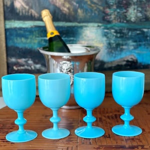 Vintage Portieux Vallerysthal Blue Opaline Wine Glasses or Goblets - set of 4