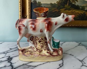 Antique Staffordshire Style Cow Spill Vase English Pottery Mantel Figure c. 1890-1925