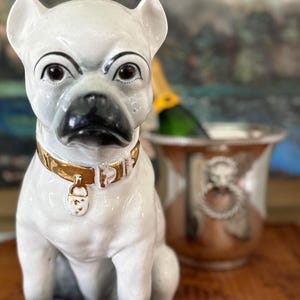19th Century Antique Staffordshire Bull Terrier Stature or Pug  Figure with Glass Eyes