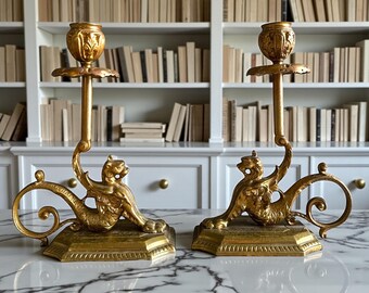 Antique French Style Brass Griffin Candleholders, Pair – Late 19th Century Neoclassical