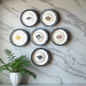 Vintage Mexican Pottery Decorative Hand-Painted Coastal Plates by Maja Gruebler - 8&quot; set of 6
