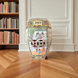 Vintage Hand-Painted Famille Rose Garden Seat: Chinoiserie Porcelain Stool