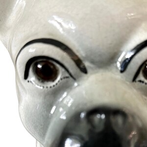 May include: A close-up of a ceramic dog figurine. The dog has a white body with black accents around the eyes and nose. The eyes are brown and the figurine has a glossy finish.