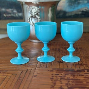 Vintage French Portieux Vallerysthal Blue Opaline Cordial or Liqueur Glasses - set of 3
