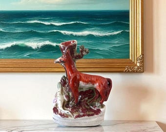 Antique Staffordshire Flatback Figurine – Fox at Tree, c. Mid-19th Century (8”) - English Cottage