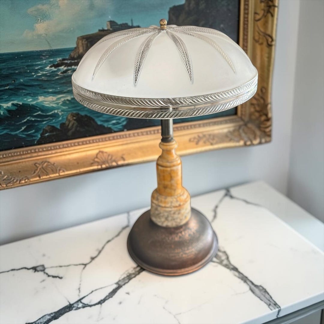 Art Deco Alabaster and Hammered Copper Table Lamp With Frosted Glass ...