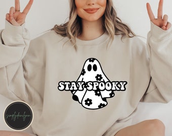 Stay Spooky Retro Ghost Crewneck, Halloween Sweatshirt, Retro Flower Ghost Crewneck