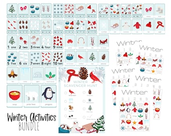 Winter Printable Bundle, Counting Flashcards, Bingo, Math Bingo, Winter Scavenger Hunt, Learning Numbers, Toddler, Pre-K, Digital Download