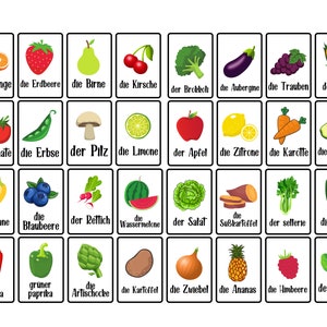 Imparare il tedesco, Frutta e verdura, Flashcard di lingua tedesca, Scuola materna, Scuola domiciliare, Bilingue, Germania, Prime parole, Download digitale