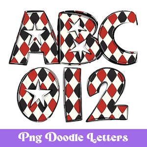 May include: Colorful digital graphic of the letters A, B, C and numbers 0, 1, 2. Each letter and number is filled with a harlequin pattern of red, black, and white diamonds. White star shapes are in the center of the letters and numbers. The words "Png Doodle Letters" are at the bottom.