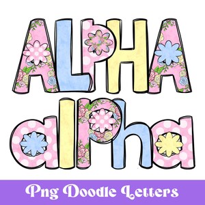 May include: A colorful alphabet design with the word "ALPHA" in yellow and blue letters and the word "alpha" in pink, yellow, and blue letters. The letters are decorated with floral and polka dot patterns.
