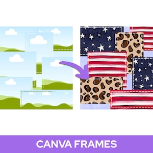 Könnte beinhalten: Ein Bildkonzept mit einem lila Pfeil, der von Landschaftsrahmen auf ein Patchwork aus Mustern zeigt. Die Muster umfassen Leopardenmuster, rot-weiße Streifen und Marineblau mit weißen Sternen. Der Text "CANVA FRAMES" befindet sich unten.