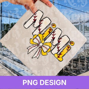 May include: A digital graphic design featuring the word Mimi in a stylized font where the letters resemble baseballs with red stitching. A large yellow and white bow with red stitching accents is positioned over the letter M.