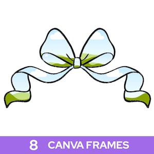 Puede incluir: Ilustración de dibujos animados de un lazo azul claro con un contorno negro. El lazo tiene un diseño de cielo y hierba en el interior. El texto "8 CANVA FRAMES" está en la parte inferior en letras blancas sobre un fondo púrpura.