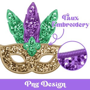 Máscara de Mardi Gras com bordado falso Png, Desenhos de sublimação, Clipart de Louisiana, Lantejoulas falsas, Nova Orleans, Máscara com penas, Flor de lis