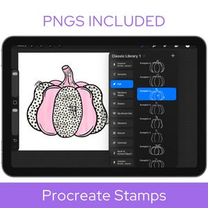 May include: A digital tablet screen displaying a Procreate interface with a pink and black dotted pumpkin illustration. The sidebar shows a brush library titled Classic Library 1 with a list of pumpkin stamps labeled Pumpkin 1 through 7.