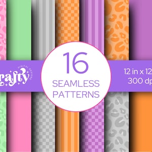 May include: A collection of 16 seamless digital patterns featuring various designs including leopard prints, vertical stripes, and checkerboard grids in shades of pink, green, gray, orange, and purple. Text reads Krafty Digital Designs 16 Seamless Patterns 12 in x 12 in 300 dpi.